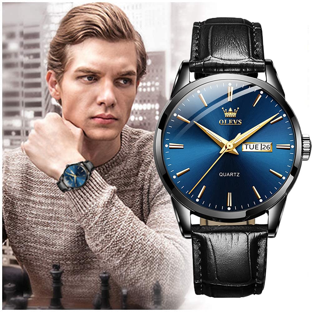OLEVS Herrenuhren Blau Schwarz Lederarmband Quarz Uhr Männer mit Wochentag Datum Wasserdicht Leuchtende Klassische Elegantes Armbanduhr Geschenk 5