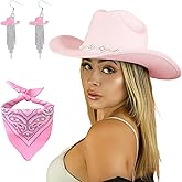 JIANGLAI Western Cowgirl Hat for Women Men, Fedora Wide Brim Rhinestone Cowboy Hat with Bandana and Cowgirl Tassels Earrings
