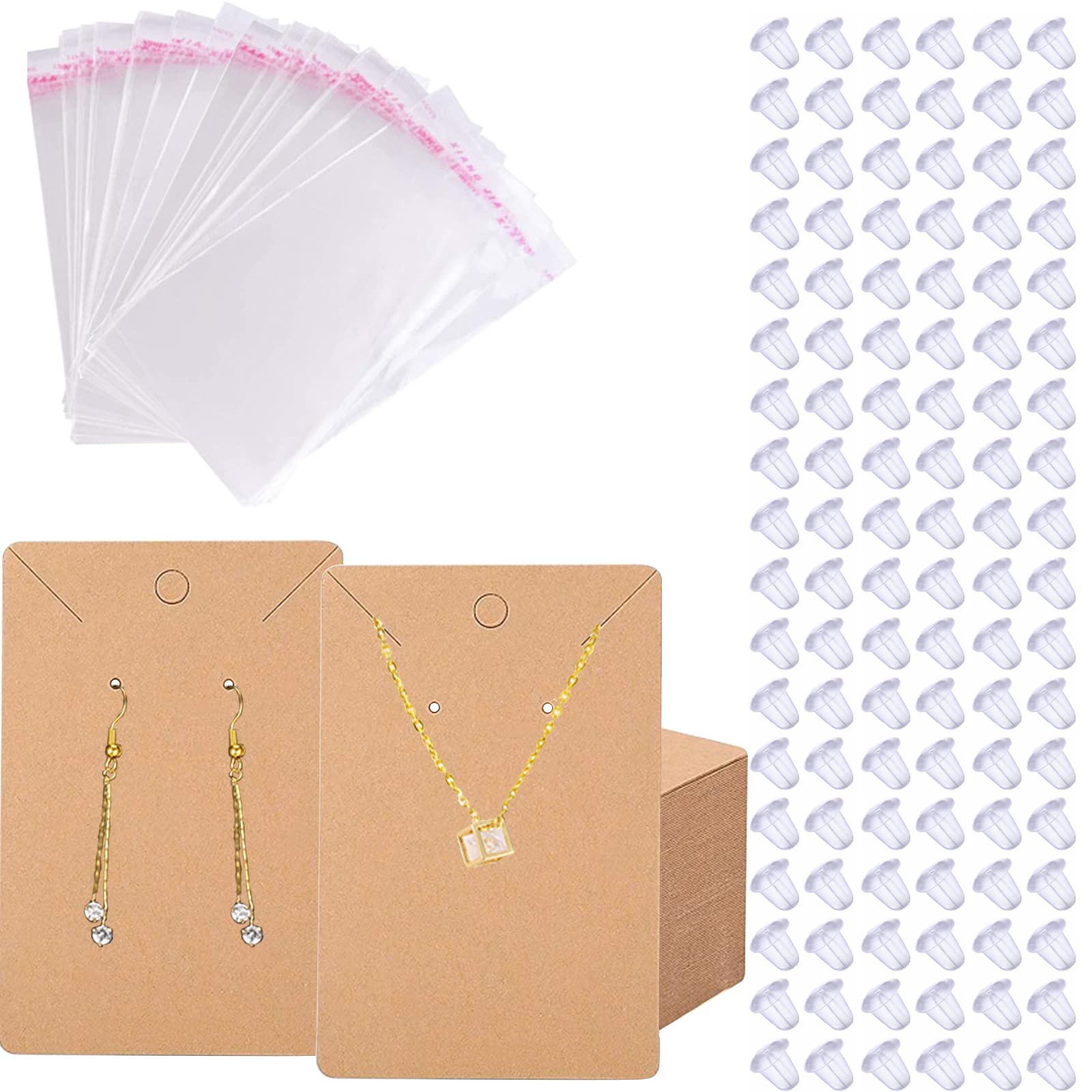 VEGCOO 240 PCS Earring Display Card Set, 60 Kraft Earring Holder Cards, 60 Self-Sealed Storage Bags & 120 Earring Stoppers, Jewellery Display Card Tags Packaging Card for Earring Necklace Jewellery