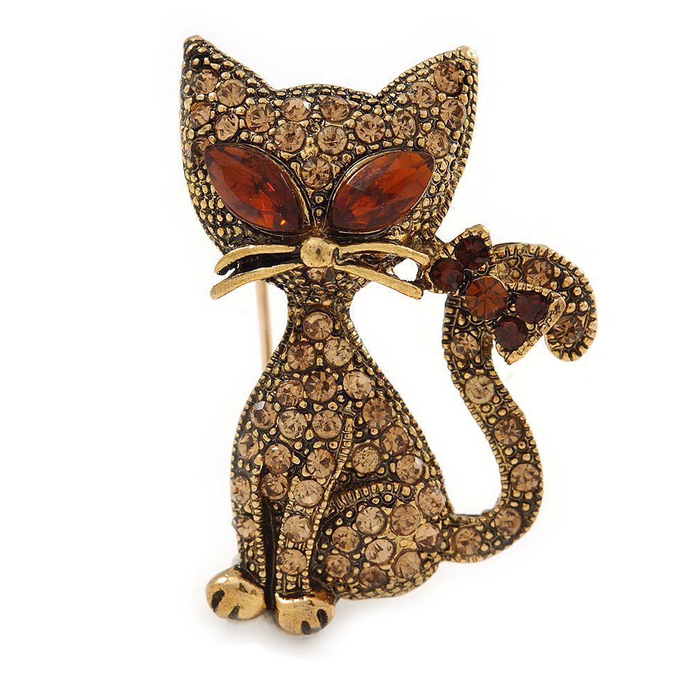 Sweet Topaz Crystal Cat Brooch In Antique Gold Tone Metal - 35mm L