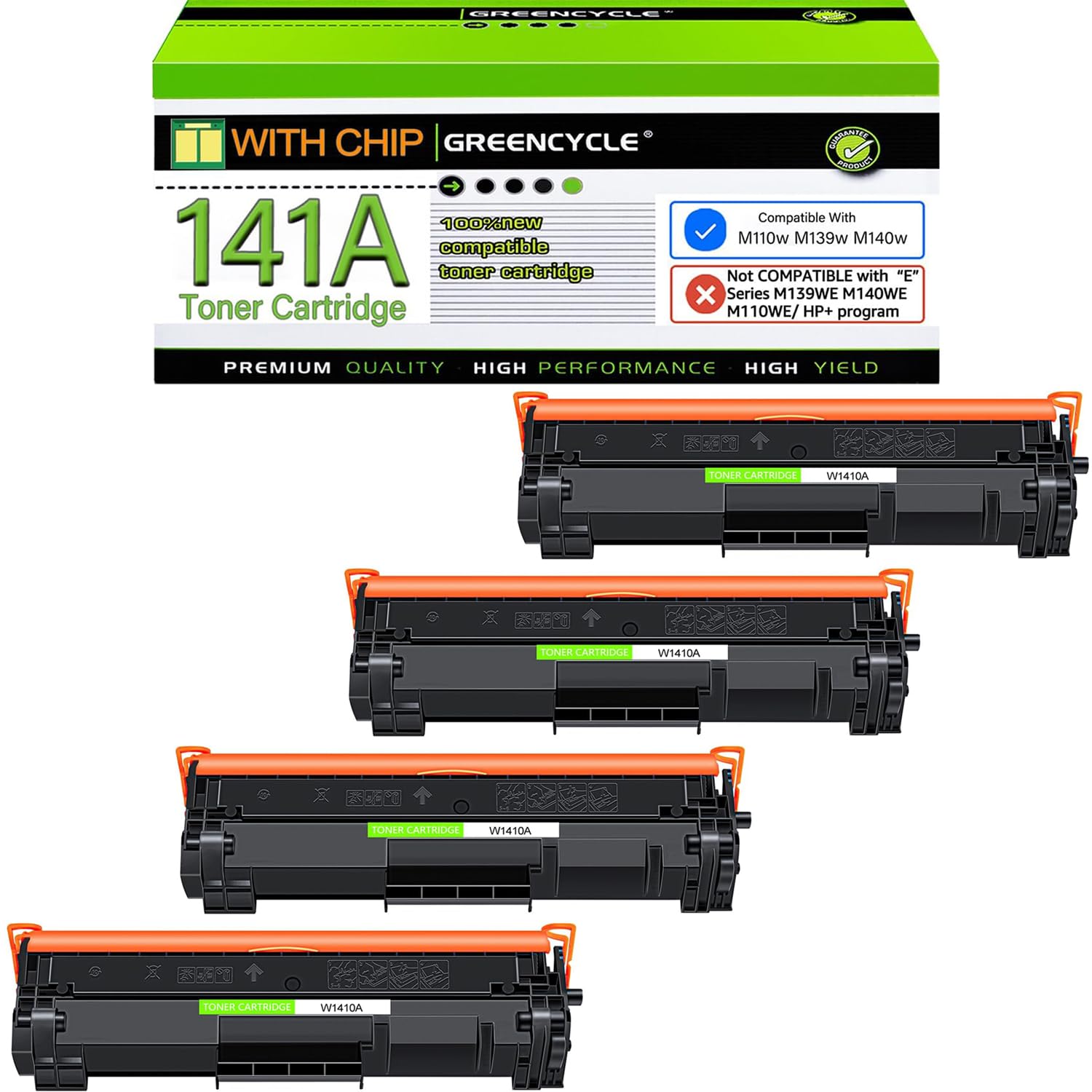 Photo 1 of greencycle W1410A Compatible Replacement for Hp 141A Black Toner Cartridge Laserjet Pro M110w MFP M140w M139w Cannot be Used for M110WE, M139WE, M140WE and H P+ Printer(4Pk,with chip)