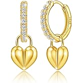 Heart Dangle Hoop Earrings Gold Plated Sterling Silver CZ Heart Love Hoop Earrings Huggie Earrings Highly Polished Dainty Minimalist Lightweight Jewelry Gifts for Women Girlfriend Wife Birthday
