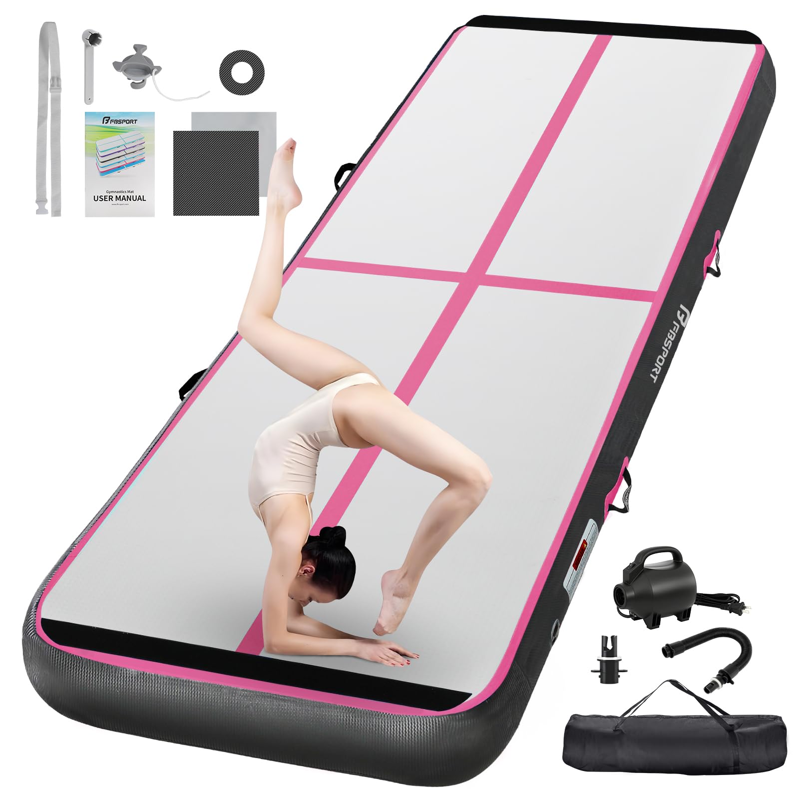 FBSPORT Trainingsmatte, 10 cm, Höhe aufblasbar, Air Tumbling Track 2 m, Gymnastikmatte, aufblasbar, Tumbling, Gymnastikmatte, für Turner, Tumbling, Yoga, mit Pumpe