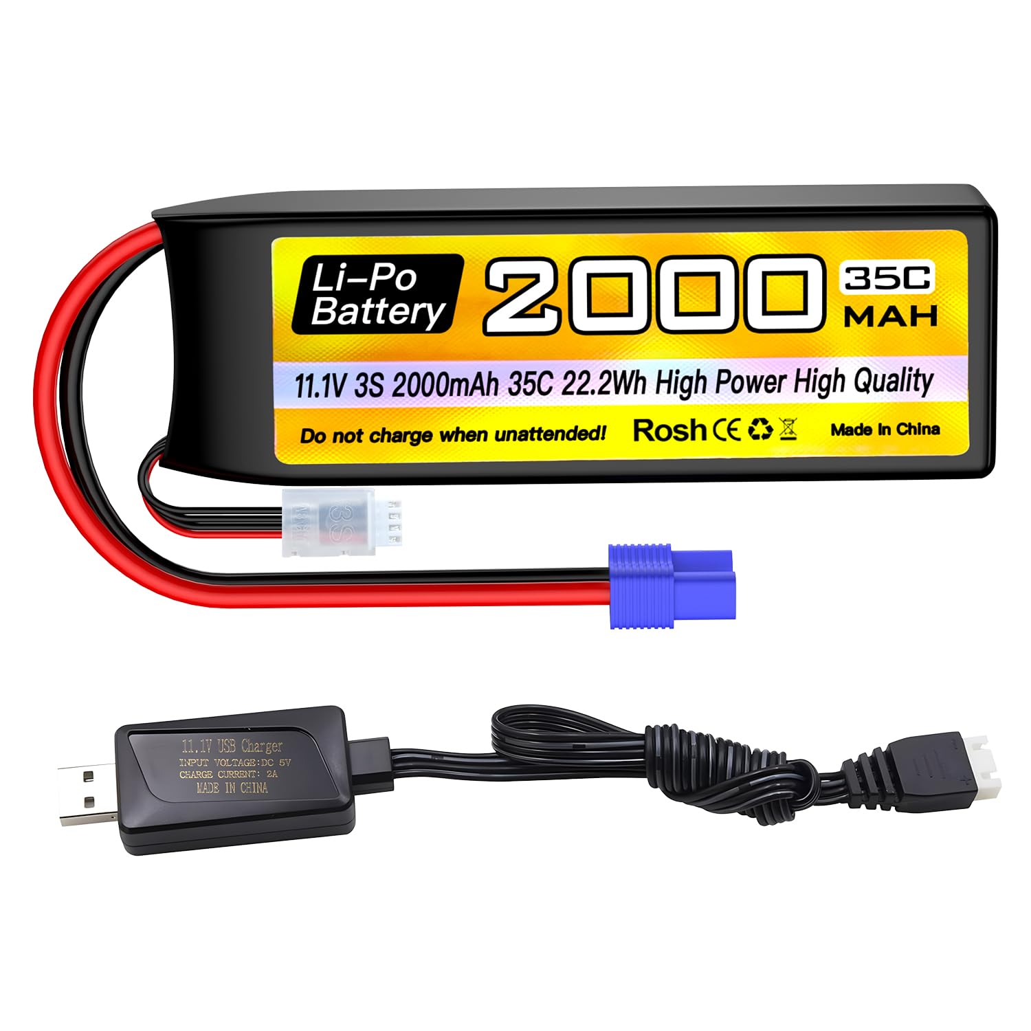 ZYGY 3S Lipo Battery 11.1V 2000mAh 35C EC2 Plug with USB Charging Cable for RC Car Truck RC Boat RC Quadcopter FPV Drone Battery