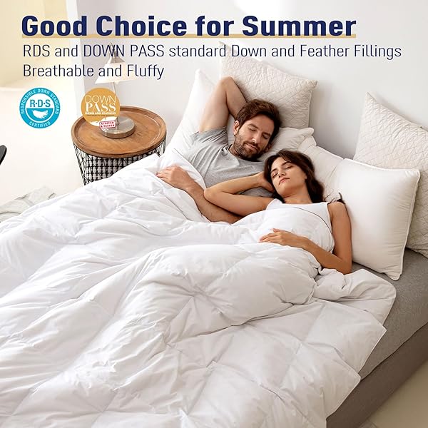 SNOWMAN EXTRA-SOFT DOWN BLANKET QUEEN, LIGHTWEIGHT DOWN COMFORTER WITH 8 CORNER TABS, COOLING BED COMFORTER FOR HOT SLEEPERS, 18OZ FILL WEIGHT AND NOISELESS DOWN PROOF FABRIC (WHITE, 90″X90″)