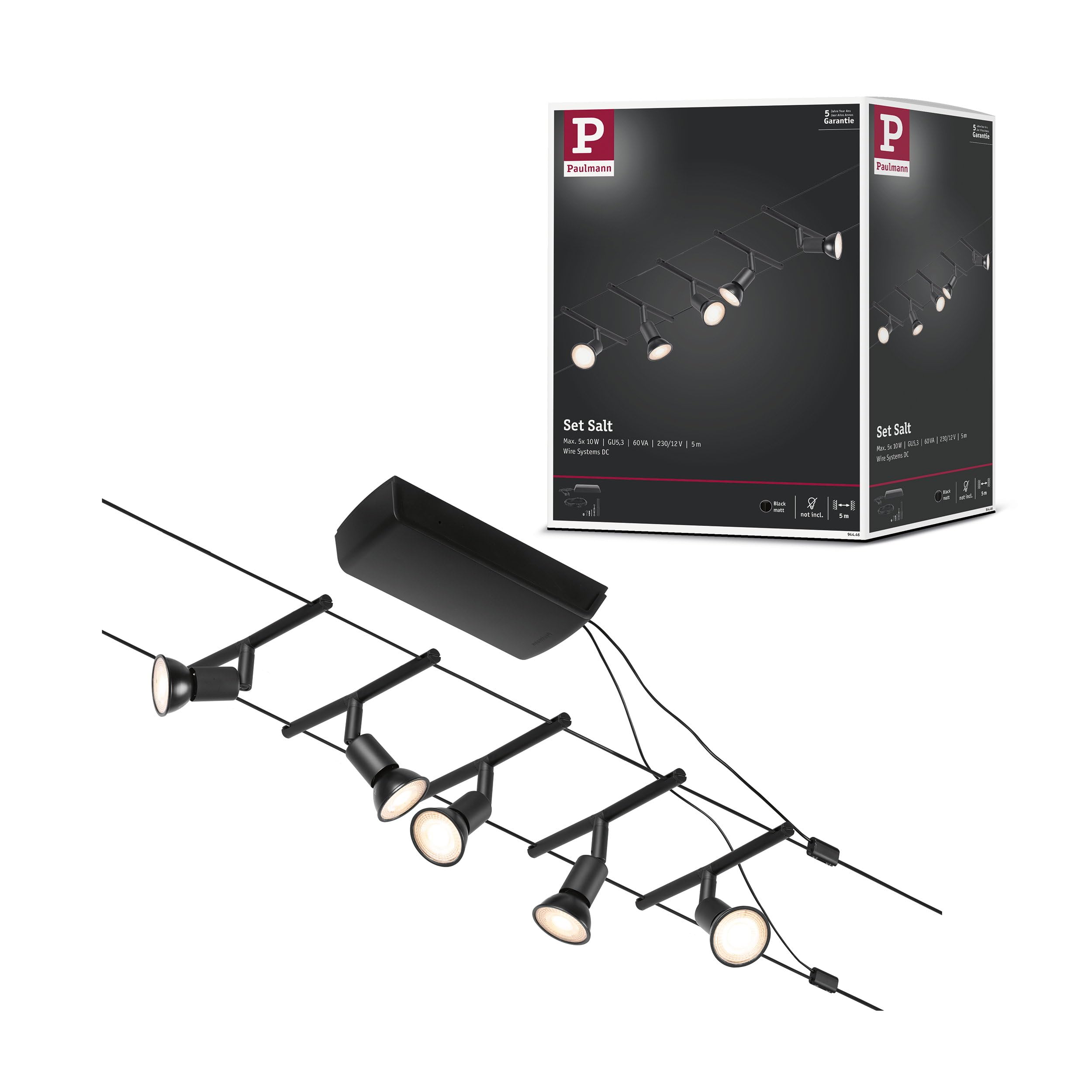 Paulmann 94446 CorDuo Lighting Set - Salt DC, Max 5 x 10 Watt Extendable Wire Cable System Matt Black Plastic GU5.3 Without Bulbs