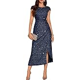 DRESSTELLS Women's Sparkly Formal Wedding Guest Dresses, Sequin Cocktail Party Evening Prom Slit Maxi Dress