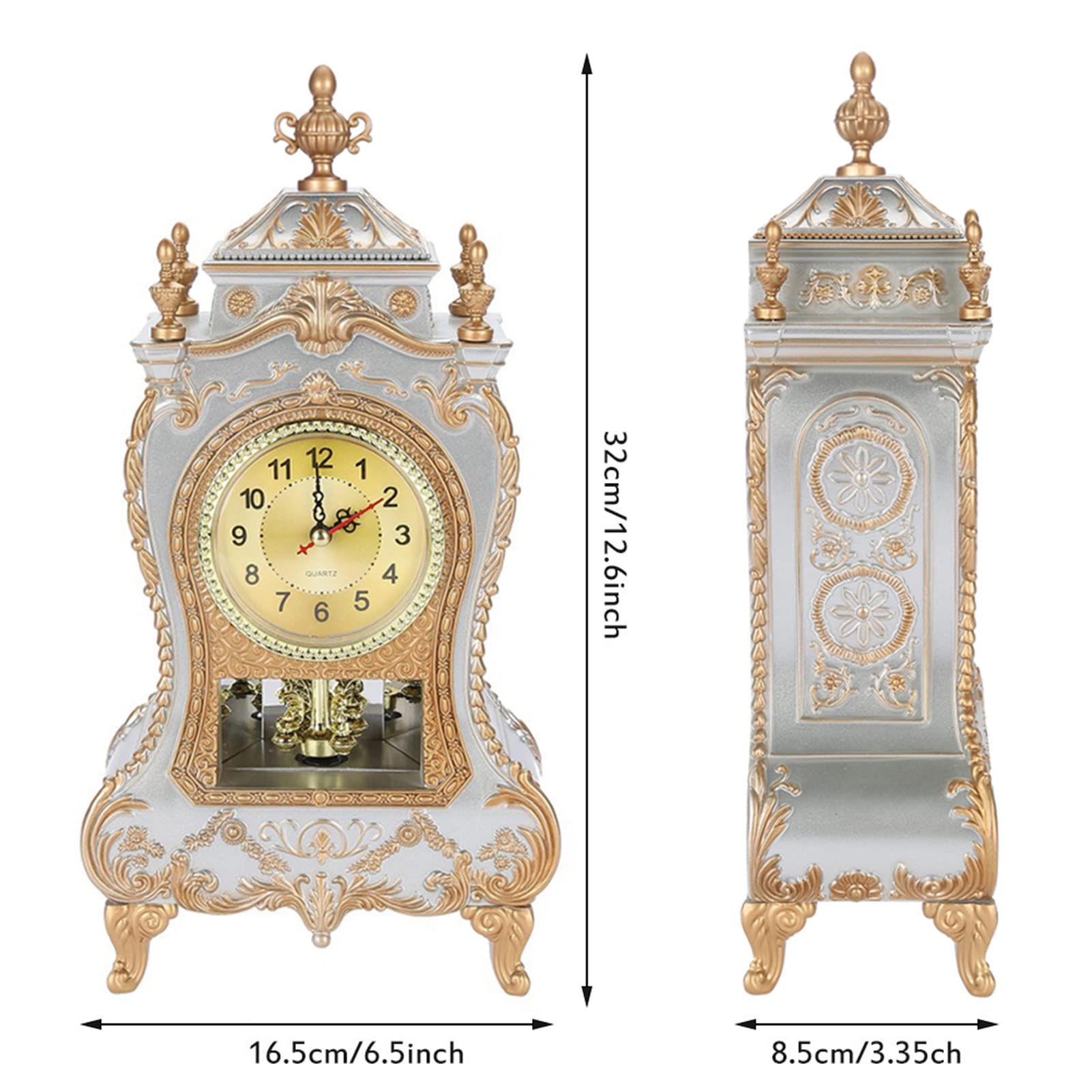 Vintage Clock, Exquisite Vintage Desk Clock Antique Home Hotel Decorative Table Clock with 12 Songs (White)