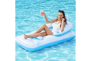 Inflatable Pool Lounger Float Adult, BAIAI Tanning Pool Lounger Float with Cup Holders Water Pool Chair Floats with Headrest, Backrest & Footrest Blow Up Summer Beach Floaties Cool Pool Party Toys