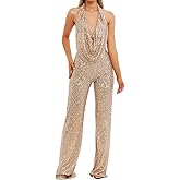 Tenabell Sparkly Sequin Jumpsuit Halter Neck Backless Sequin Overalls Glitter Pants