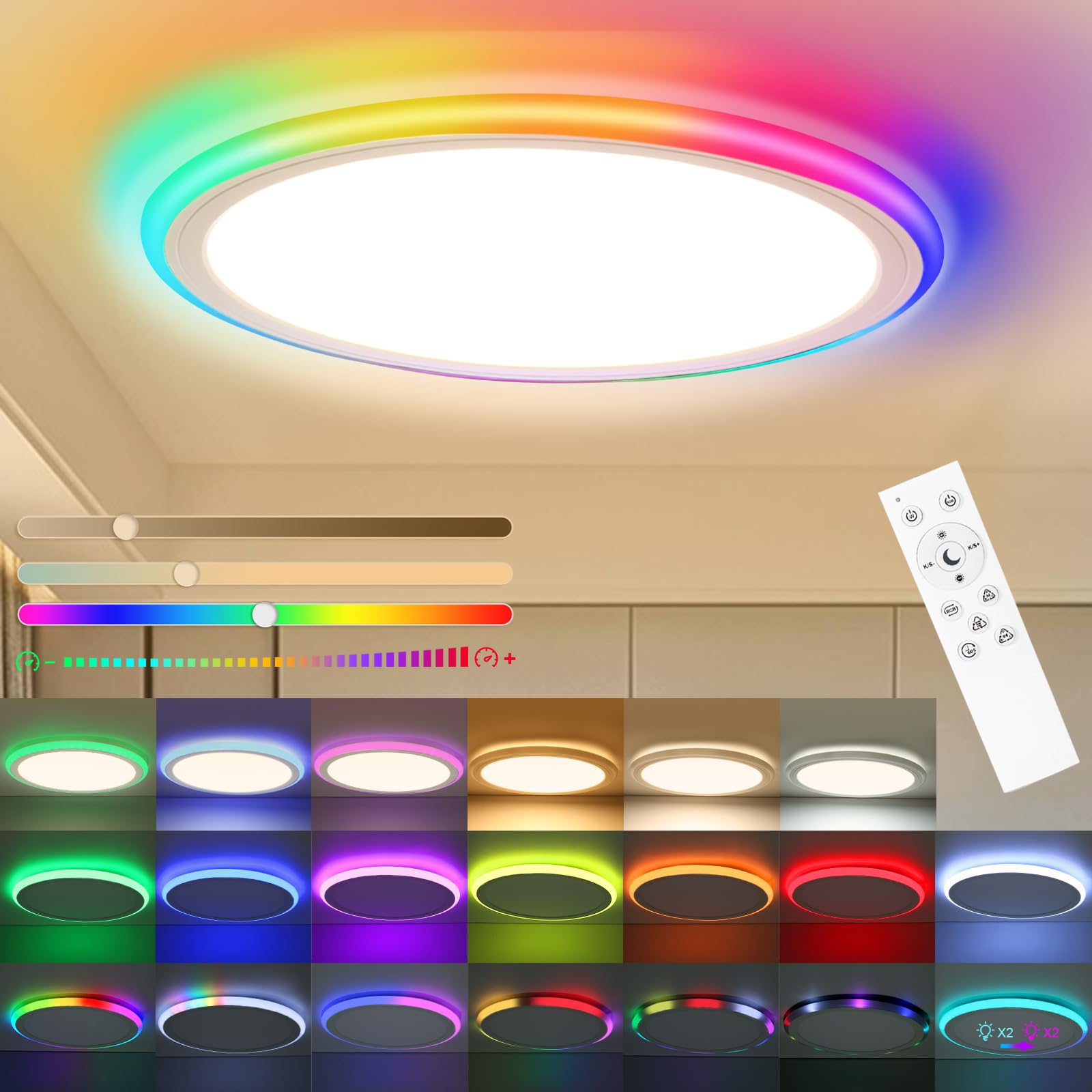 Photo 1 of Marfete RGB Flush Mount LED Ceiling Light Dimmable with Remote Control, 13Inch 30W Close to Ceiling Light Fixture 3000-6500K, Modern Low Profile Round Ceiling Lamp for Bedroom Living Kids Room