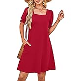 RUMIA Summer Dresses for Women 2025 Casual Cute Square Neck Puff Short Sleeve Dress with Pockets