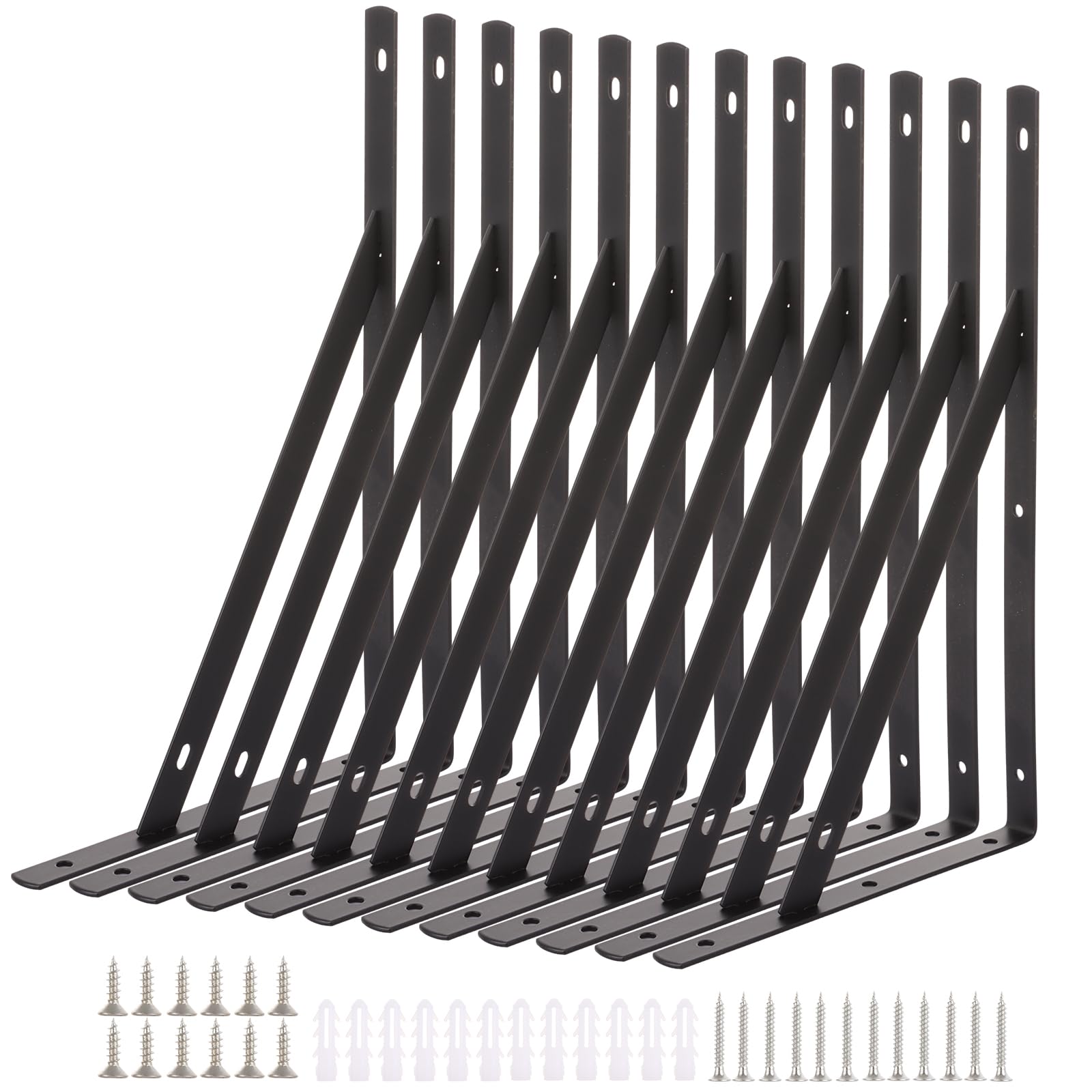 MEIDIV Set of 12 Black Shelf Brackets Heavy Duty 300mm, 12in Triangle Shelving Brackets, Steel Shelf Bracket, Right Angle Wall Bracket for Shelves, Scaffold Board Floating Shelf Support
