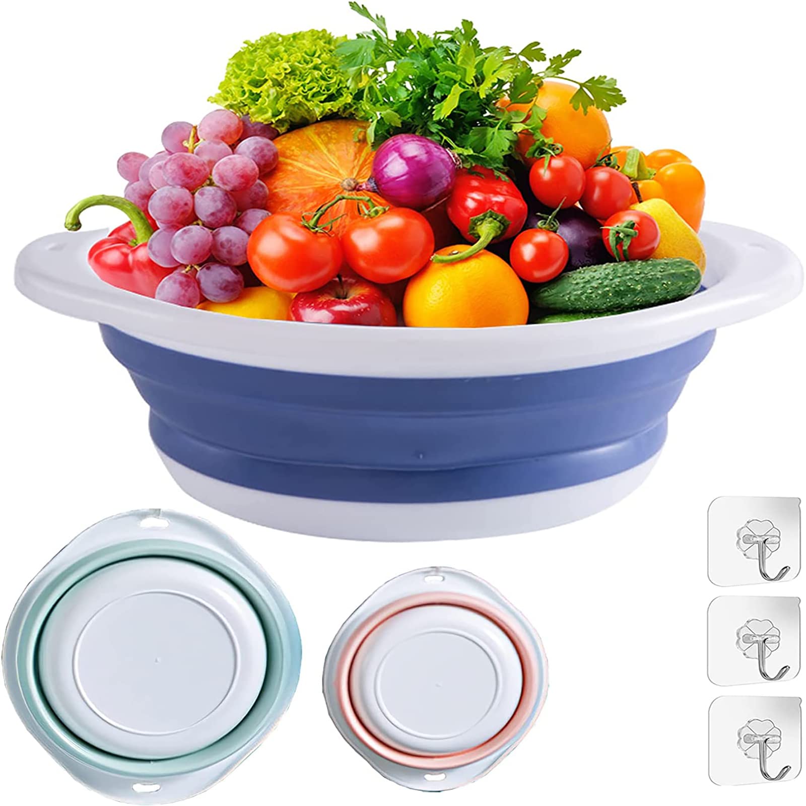 sielife 3pc Collapsible Washing Up Bowl,Maximum Diameter 13.7" Holds 5.5L of Water Multipurpose Outdoor Travel Basin Portable Folding Bowl with 3 Hooks