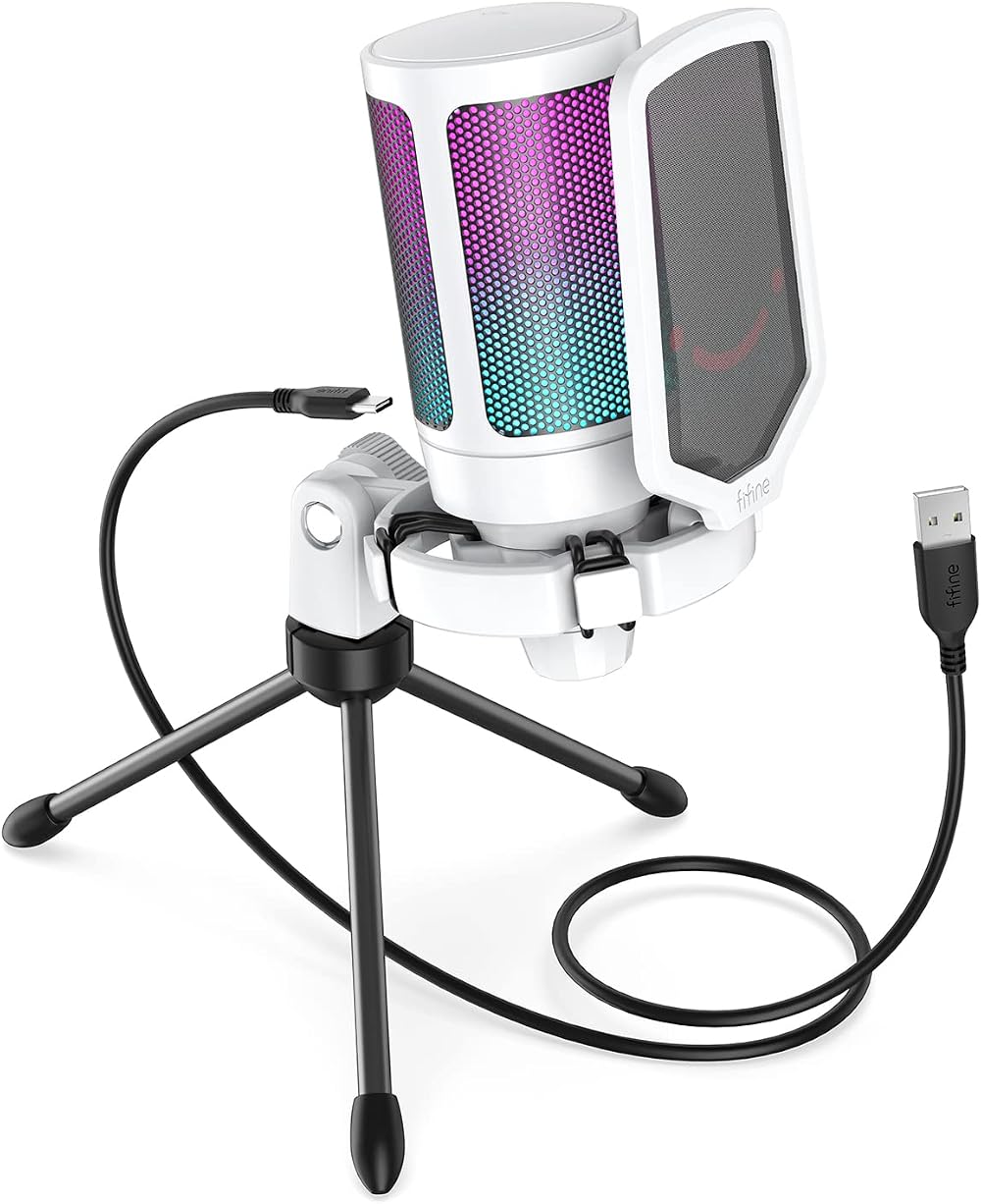 FIFINE USB Microphone for Gaming RGB Cardioid Gain Knob Shock Mount White