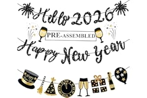 FENKYSOIX Happy New Year Banner Black Glitter Pre-Strung Hello 2026 NYE Banner New Years Sign Happy New Year Garland For New Years Eve Party Supplies Decorations 2026