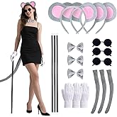 3 Set Mice Costume Accessories, Plush Mouse Ears & Tail Blind Cane Sunglasses Bow Tie Gloves for Women Family Halloween Party