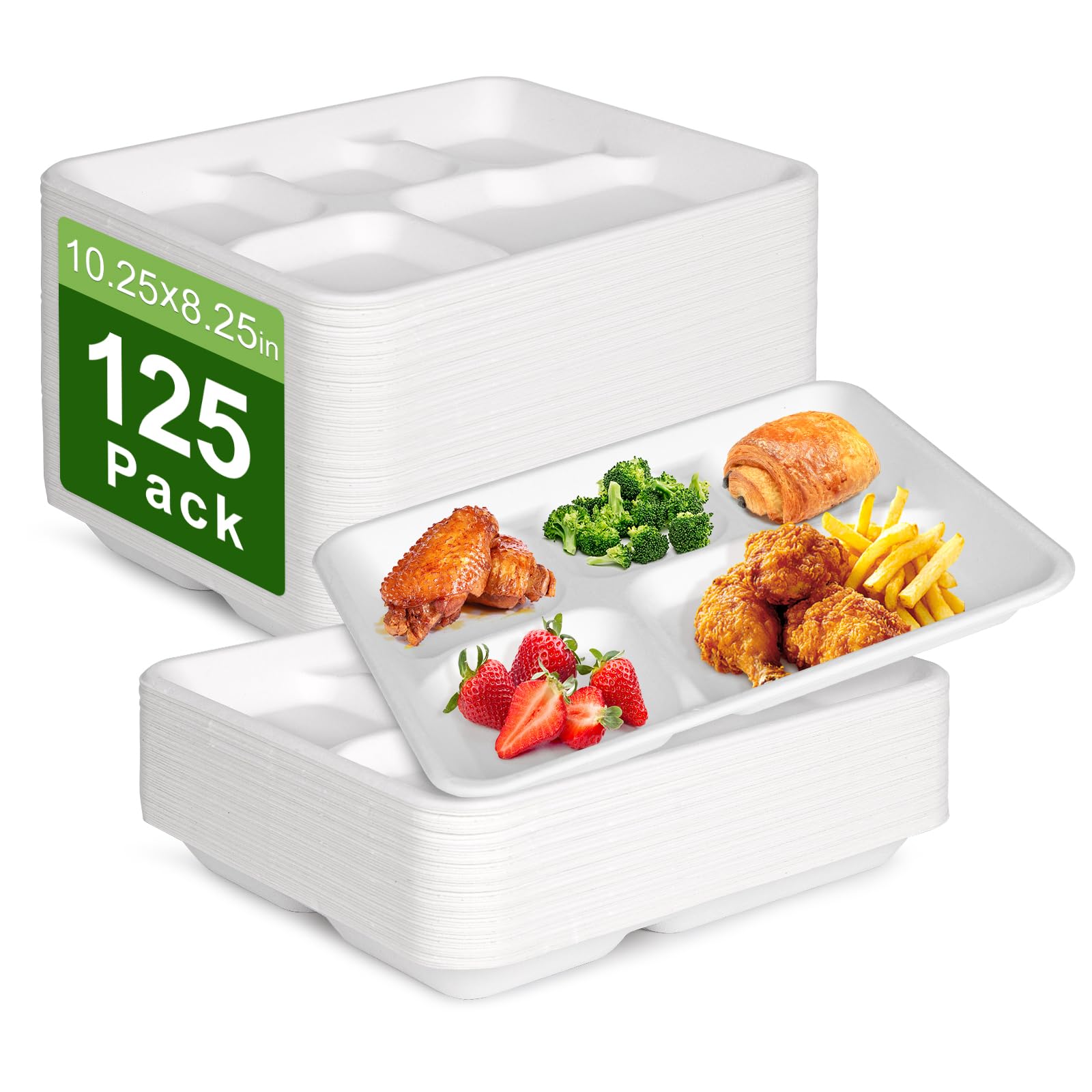 Photo 1 of Qi Boo Compostable 5 Compartment Plates Disposable, 10.25 x 8.25 inch Divided Paper Plates Heavy Duty, Biodegradable Eco-Friendly Bagasse Sectional School Lunch Trays, White 10 inch