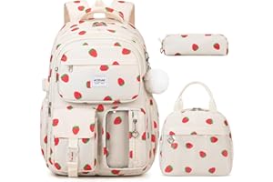 ACESAK Backpack for Girls - Girls Backpack with Lunch Bag & Pencil Pouch for Teen Kids Laptop Backpack for Women, Elementary Middle High School Bookbag Travel Daypack (Beige Strawberry)