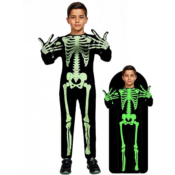 Glow In The Dark Skeleton Costume Bodysuit - Halloween Jumpsuit With Mask & Gloves For Kids