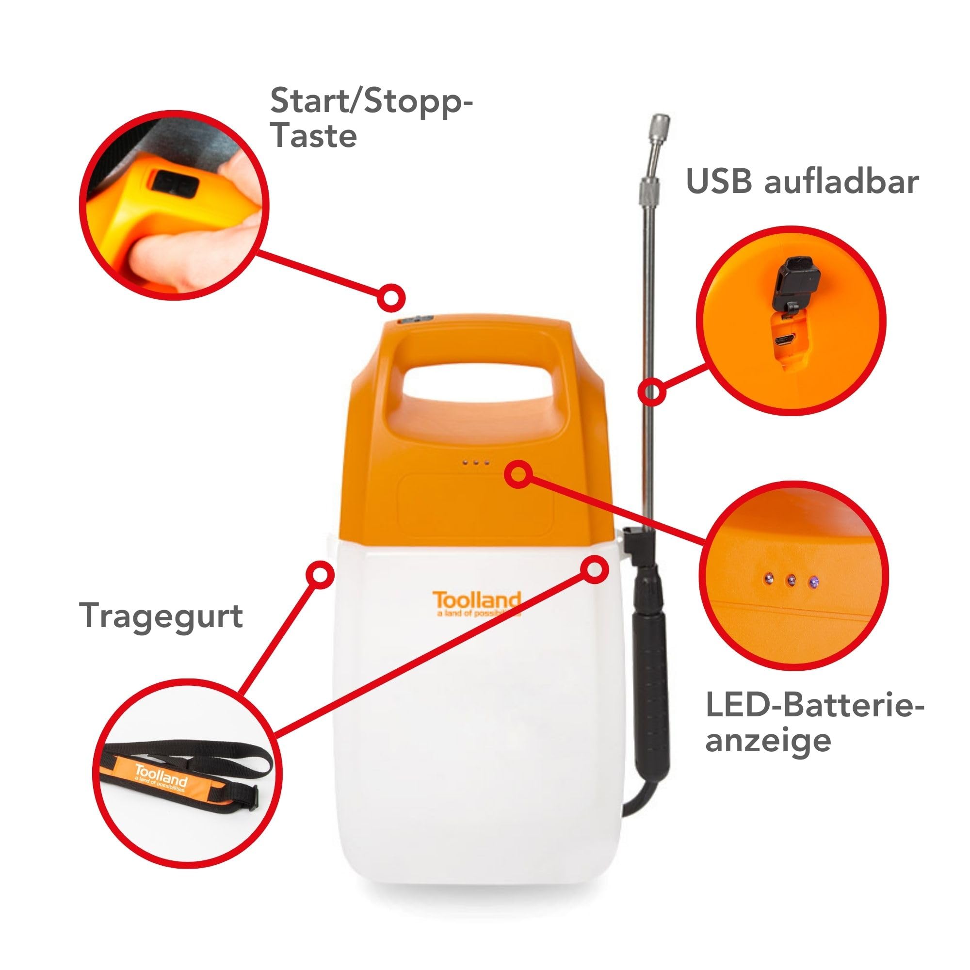Toolland Elektrischer Drucksprüher 6L mit Lithium-Akku, Teleskoplanze und Verstellbarer Edelstahldüse. Ideal für Pflanzen, Unkrautbekämpfung und Terrassenreinigung 5