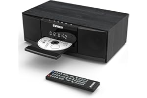 Vintage Bluetooth Stereo System for Home, THINKYA 36W RMS Micro HiFi Systems CD Player Dual 3” Bass with Bluetooth Audio Streaming, FM Radio, USB Port, Aux-in, Earphone Port, Remote Control Black
