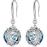 TOUPOP Tree of Life Birthstone Earrings for Women 925 Sterling Silver Family Tree Dangle Earrings with Austrian Crystal Jewelry Birthday Mothers Day Gifts for Her Girlfriend Wife Mom