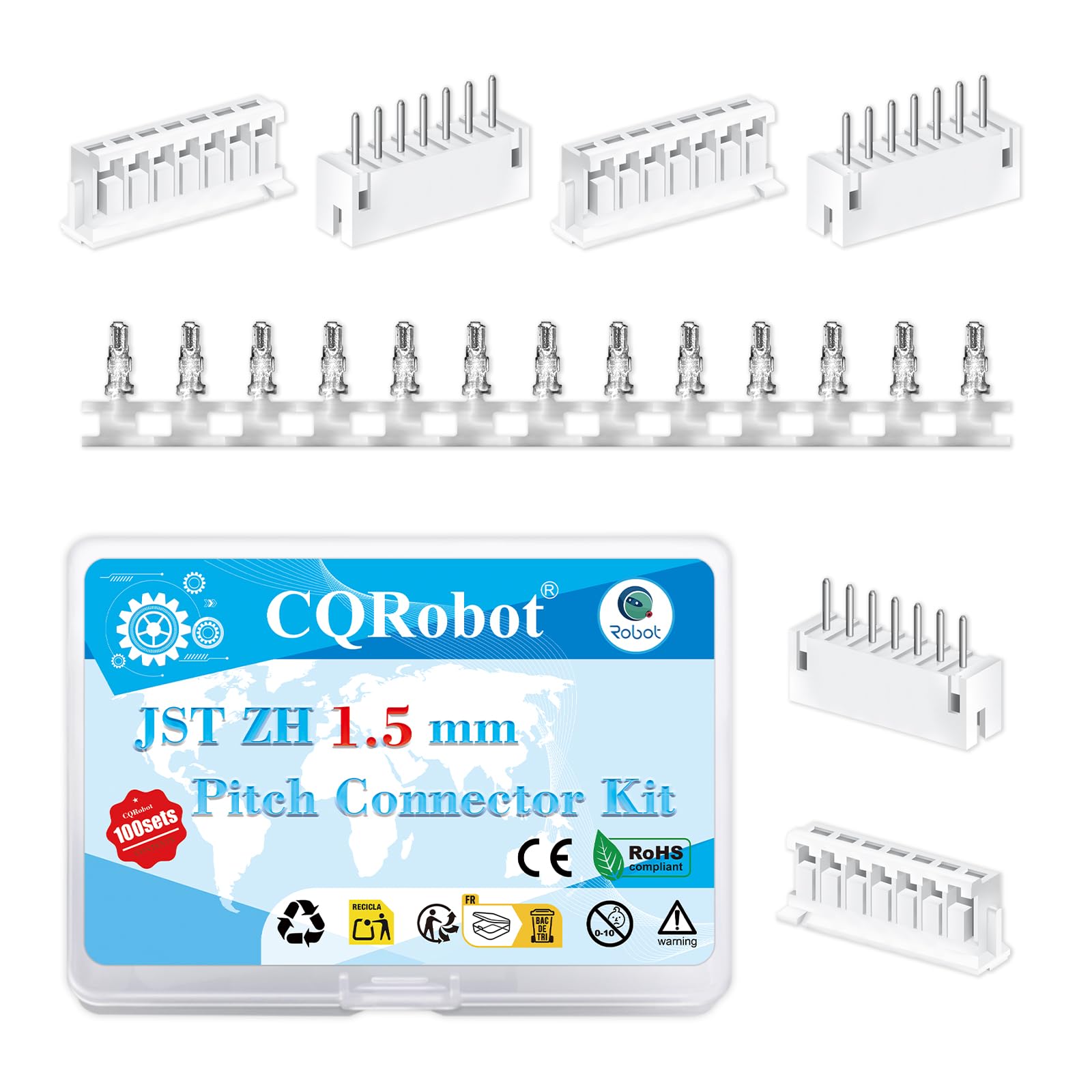 CQRobot JST ZH 1.5 mm Pitch 7-Pin Electronic Computer Connector IC Male Plugs, Female Sockets Housing and T-Shaped Crimp Terminal Kit. 100 Sets/900 Pieces Wire-to-Board Adapter Cable Assembly.