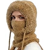 3 in 1 Beanie Hat for Women, Womens Balaclava Winter, Cold Knitted Hats Wind Resistant Hooded Scarf, Thick Plush-Lined
