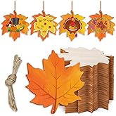Catephe 36 Pack Unfinished Wooden Maple Leaf, Maple Leaf Wood Cutouts Crafts to Paint, Fall Halloween Thanksgiving Decoration with Hole Hemp Rope for Hanging Decoration