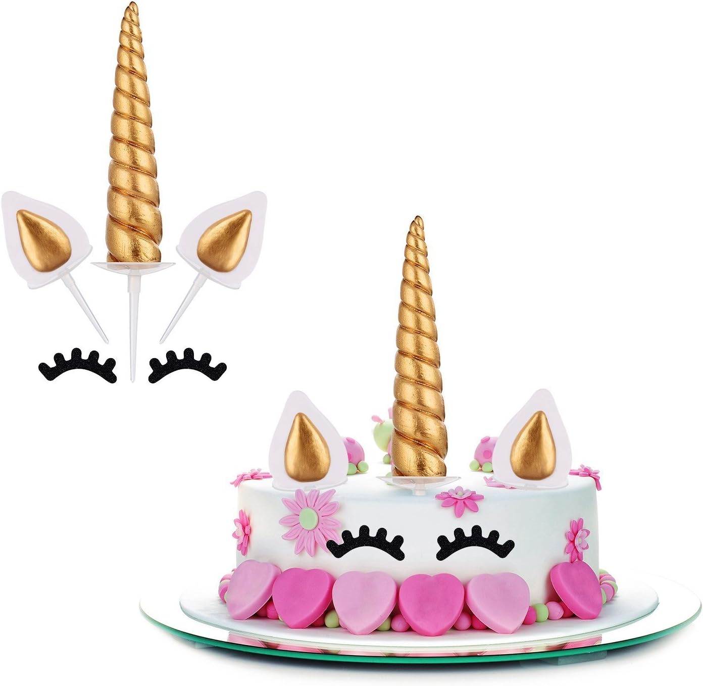 Yooyee Unicorn Cake Topper, Unicorn Horn, Ears and Eyelashes Set Cake Decoration, Great Unicorn Party Supplies for Baby Shower, Wedding or Birthday Party(Gold)