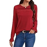 Rooscier Women's Lace Crochet Pleated Flounce Long Sleeve Crew Neck Dressy Casual Tunic Shirts