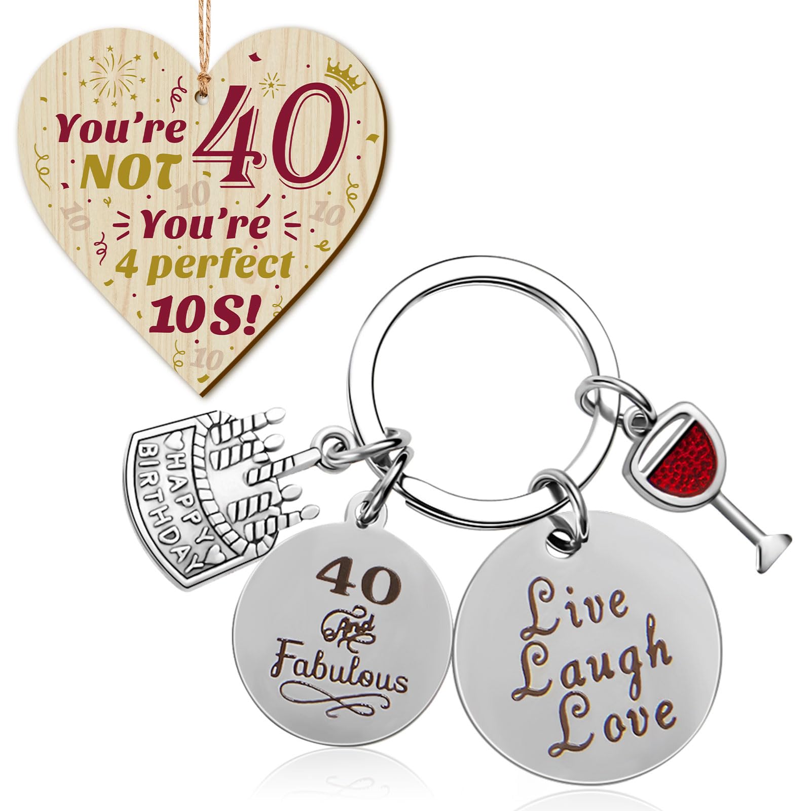 Yaomiao 40th Birthday Gifts Keychain & Plaque Set, Birthday Gift for Women and Men, Keyring and Wood Heart Plaque, Inspirational Keychain Gifts for Family