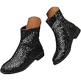 GHTYDD Sparkle Ankle Boots for Women Glitter Booties Chunky Low Heel Round Toe Western Dressy Zipper Party Prom Wedding Bridal Silver Black Block Heel