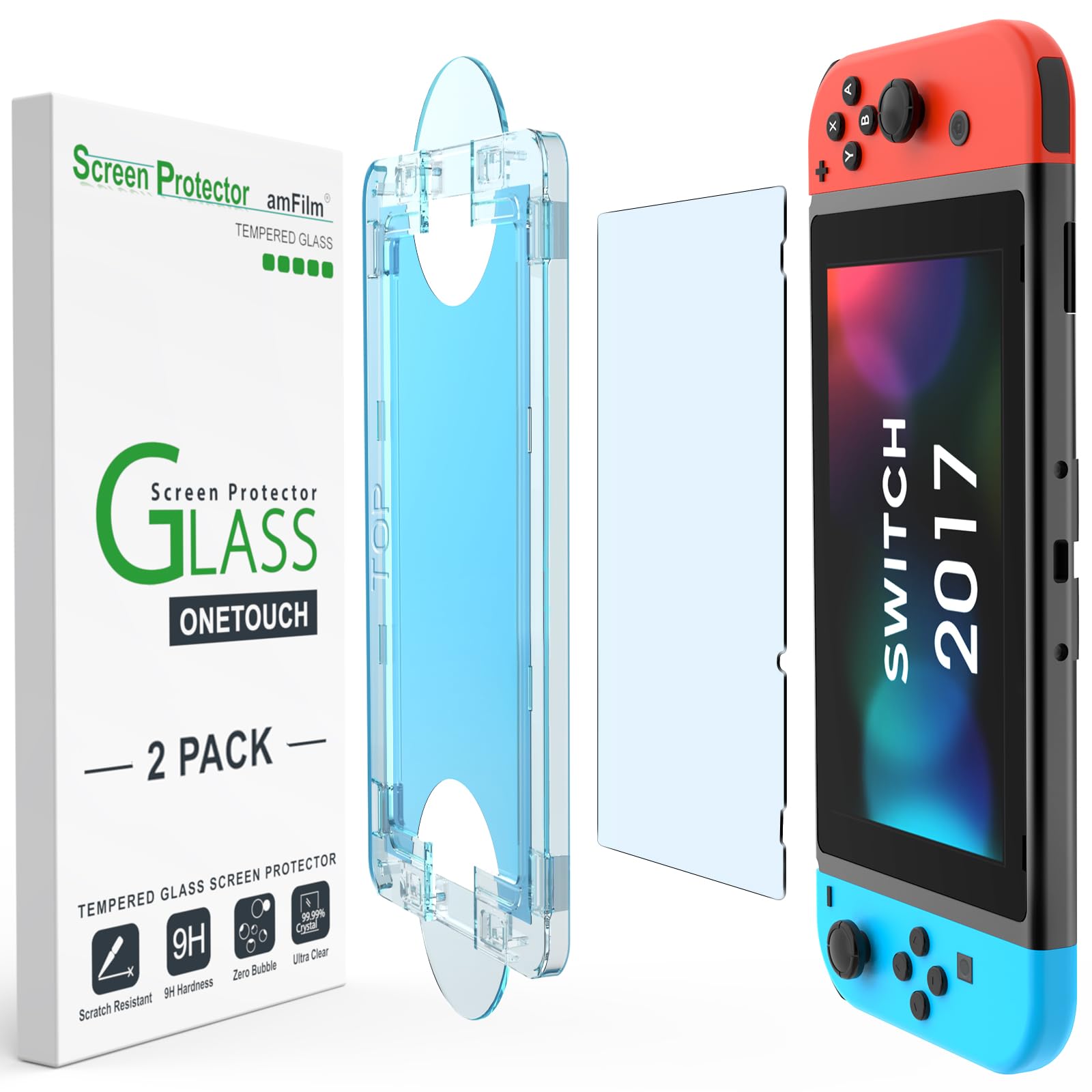 Photo 1 of (ONLY 1) amFilm Auto-Alignment OneTouch for Nintendo Switch 6.2" 2017 Screen Protector, Tempered Glass, 30 seconds Installation, Bubble Free, Anti-Scratch, Touch Sensitive, Ultra-Clear [2 Pack]