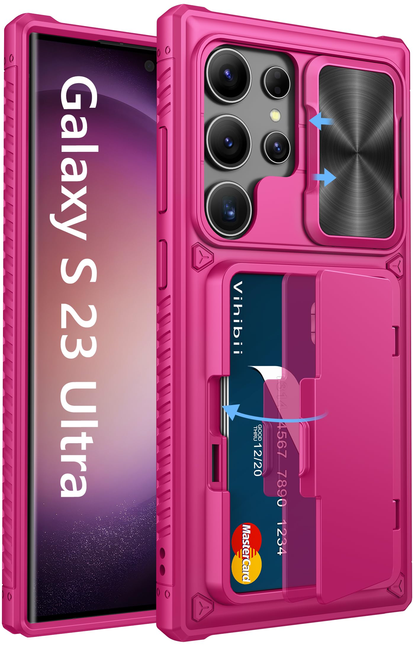 Vihibii for Samsung Galaxy S23 Ultra Case with Card Holder (4 Cards), Slide Camera Cover & Stand, Raised Edges Protect Screen & Military Grade Drop Protection Case for Galaxy S23 Ultra 6.8", Hot Pink