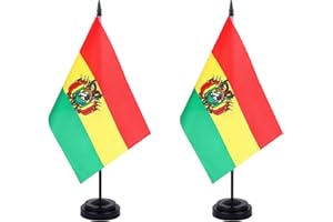 WXTWK 2 Pack Bolivia Flag Bolivia Deluxe Desk Flag Set - Mini Small Bolivian Table Office Flags with Black 12" Solid Pole Stand Base Classroom Meeting Desktop Decorations