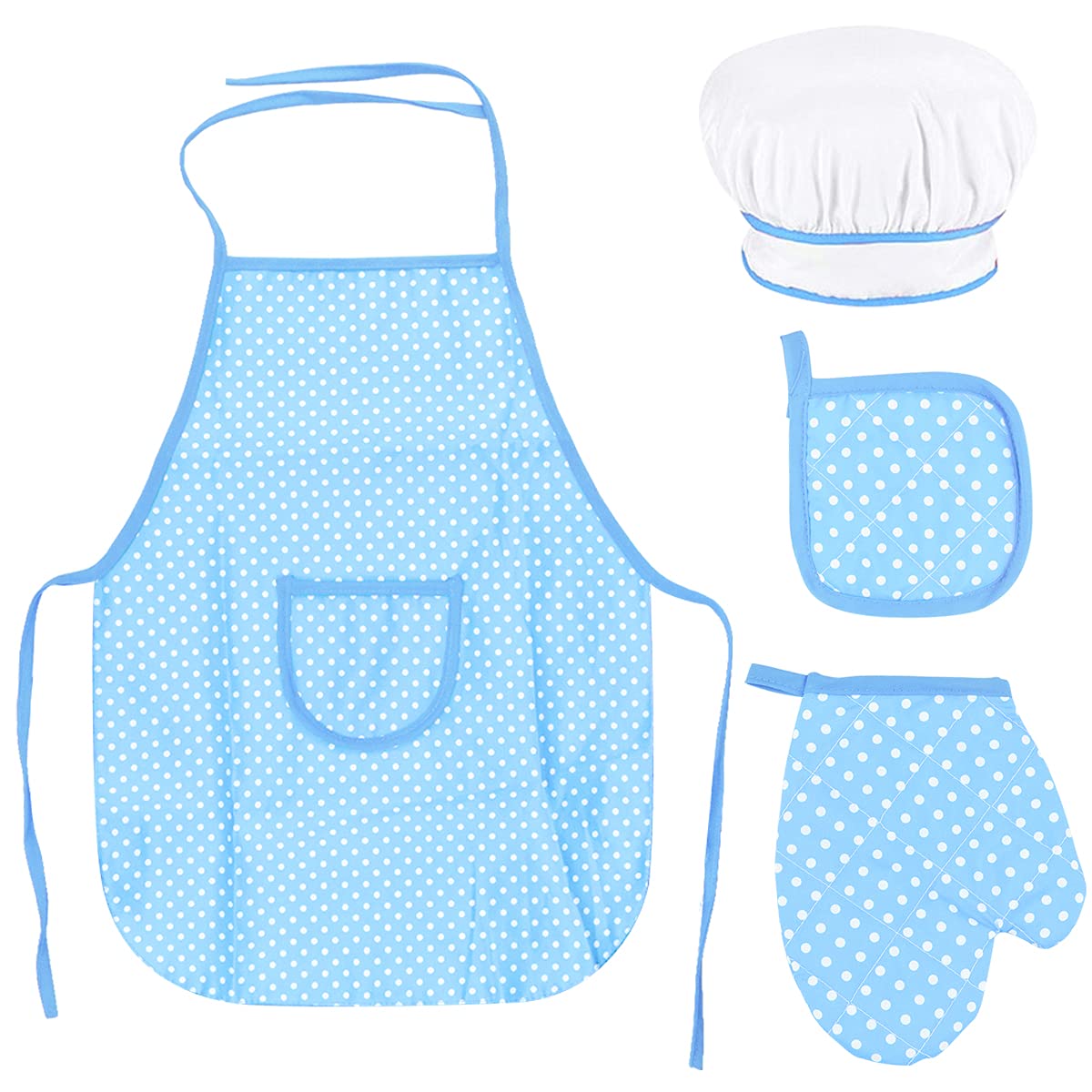 Chef Set for Kids, Adjustable Cooking Apron for Toddler, Children Kitchen Baking with Child Chef Hat, Kids Cooking Mitt, Heat Resistant Mat for Boys Girls Age 3-8 Years Old (Blue)