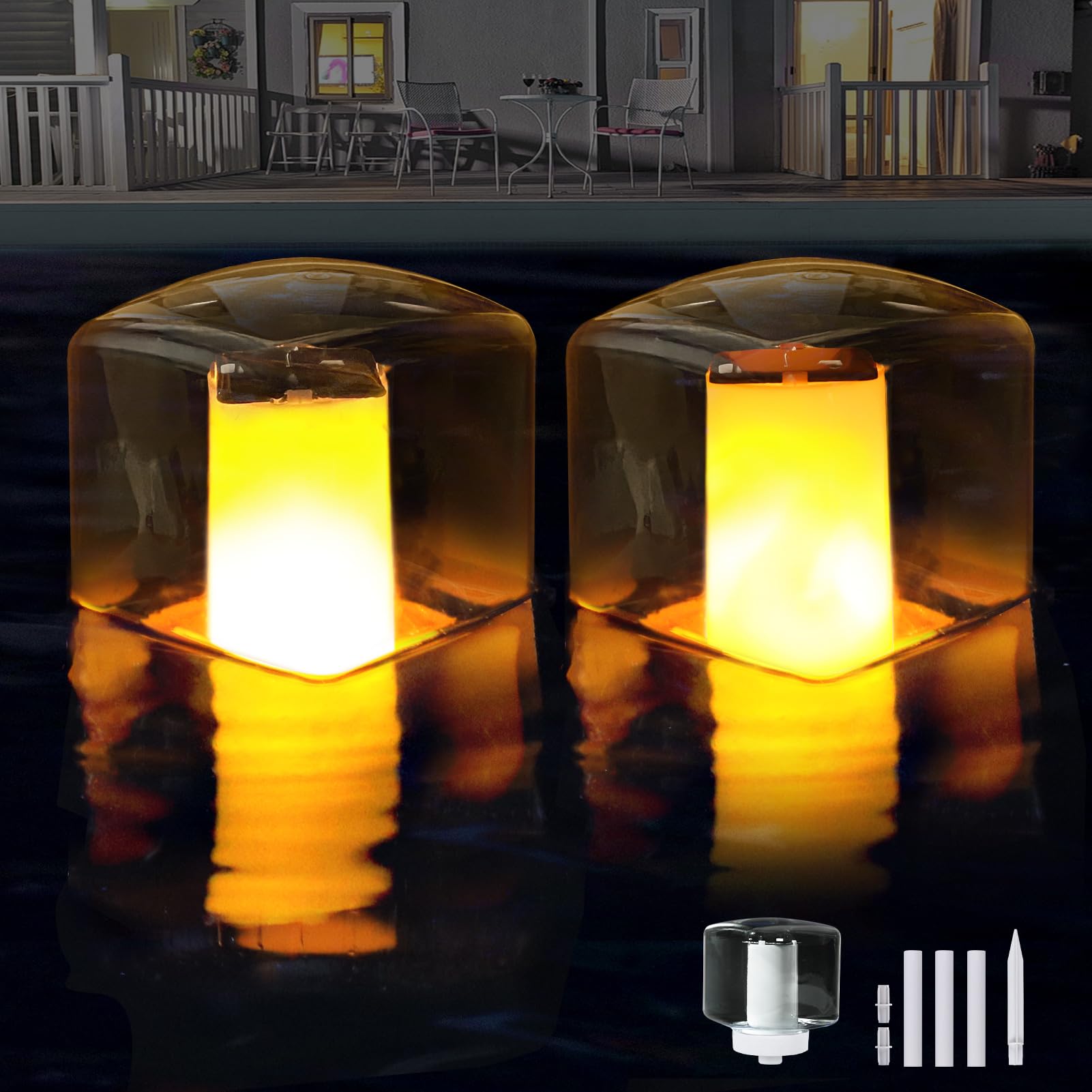 Photo 1 of Askyli Solar Floating Pool Lights, Flickering Solar Flame Pool Lights Waterproof, Glow in Dark Square Solar Pool Lights That Float, Auto ON Off Solar Floating Lights for Pool Garden 2PC