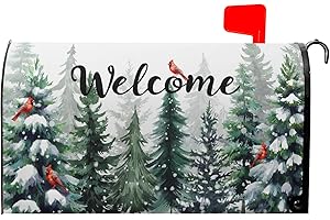 Sweetshow Winter Welcome Snowflake Mailbox Covers Magnetic Standard Size 18" X 21",Green Pine Tree Forest Red Bird Mailbox Wraps Post Letter Box Cover for Holiday Garden Yard Decor