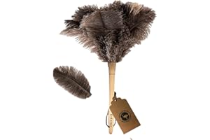 Feather Duster, Feather Dusters for Cleaning Ddzmz Fluffy Natural Genuine Ostrich Feathers with Wooden Handle Reusable Handheld Ostrich Feather Duster Cleaning Supplies, Gray and Brown(Length 16")