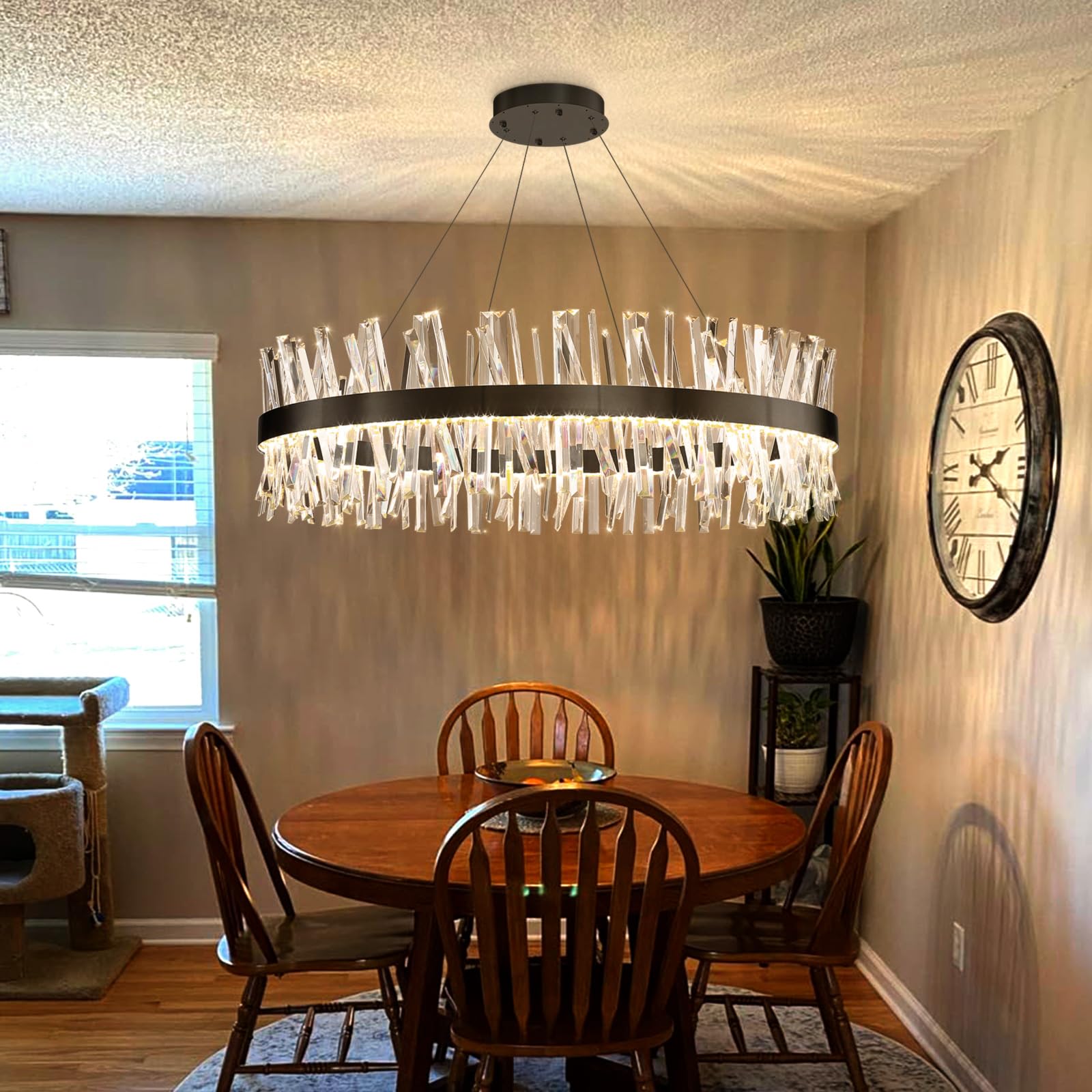 Photo 1 of HAIXIANG Glam LED Chandelier 31.4 Inch Crystal Ring Chandeliers with Remote Dimmable LED Light Indoor Hanging Lights Luxury Ceiling Pendant Lighting Fixtures Living Dining Bedroom Black Light