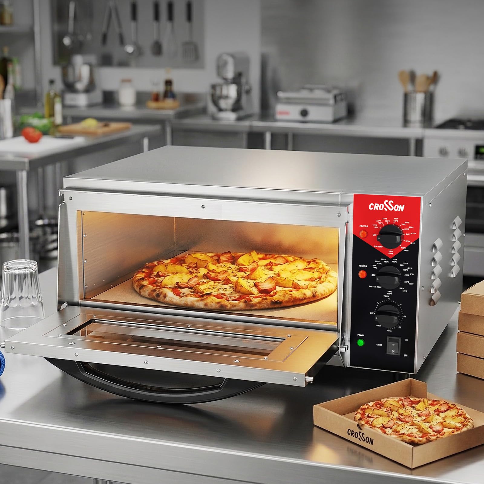 CROSSON Kommerzieller Pizzaofen Backofen mit 50 * 50CM Schamottstein,Elektrischer Pizzaofen aus Edelstahl Temperatur bis 350℃,30-Minuten-Timer,Innenbeleuchtung,3000W 7