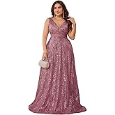 BluePlum Plus Size Formal Dresses for Women with Embroidery Sequin and V-Neck, A-Line Maxi Dress for Wedding and Cocktail