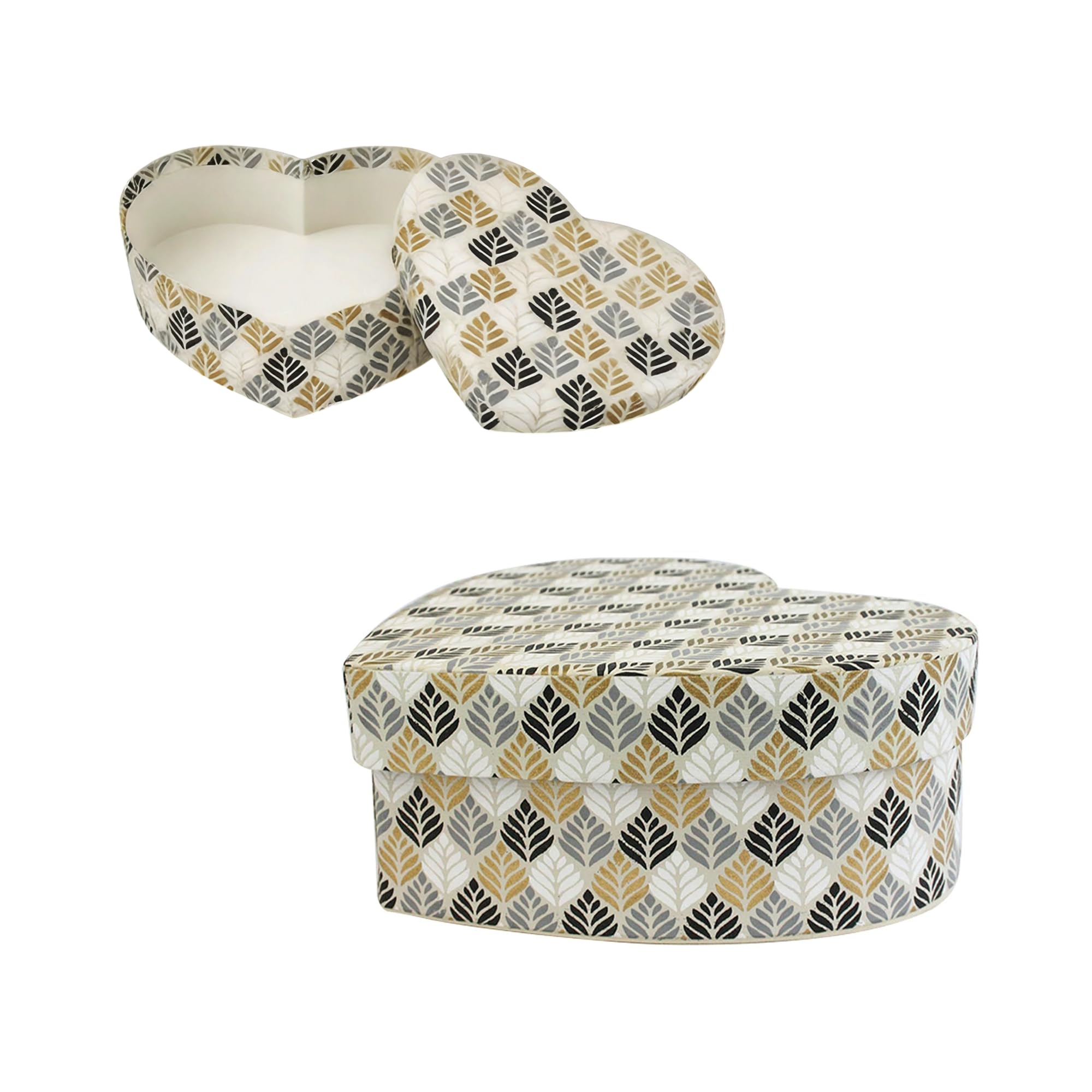 Emartbuy Rigid Heart Shaped Handmade Cotton Paper Gift Box – Medium Size - 2 (19 × 17 × 7.5 cm), Printed Black Gold White with Cream Interior, Premium Handmade Keepsake Gift Box