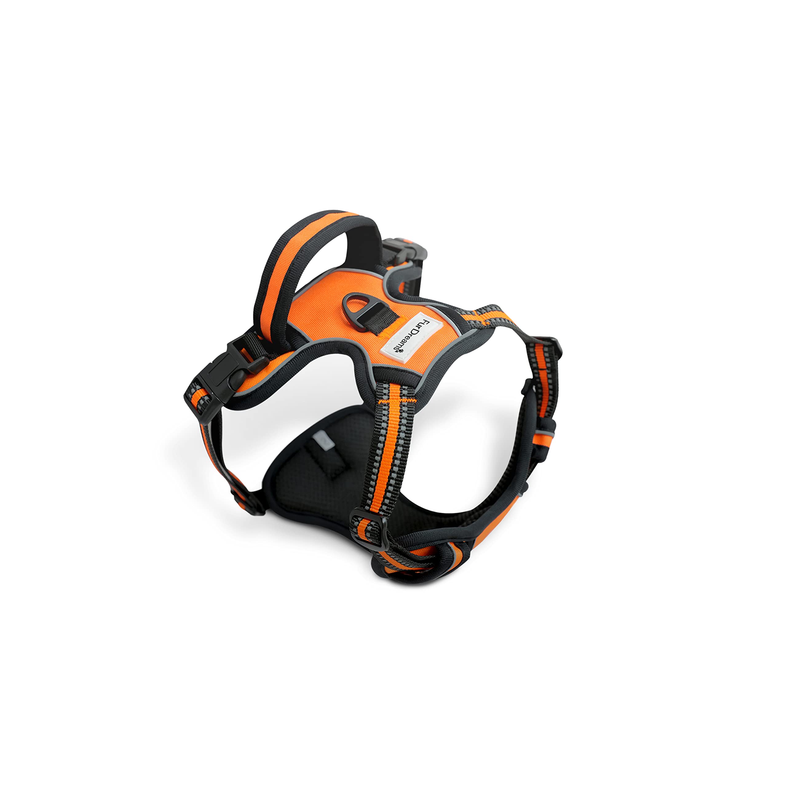 FurDreams Dog Harness – Secure Padded Vest Harness, Comfortable Material with Reflective Strips, Non-Restrictive, No Choke Fit with 4 Adjustable Straps, No Pull, Clip On Easy (Small, Orange)