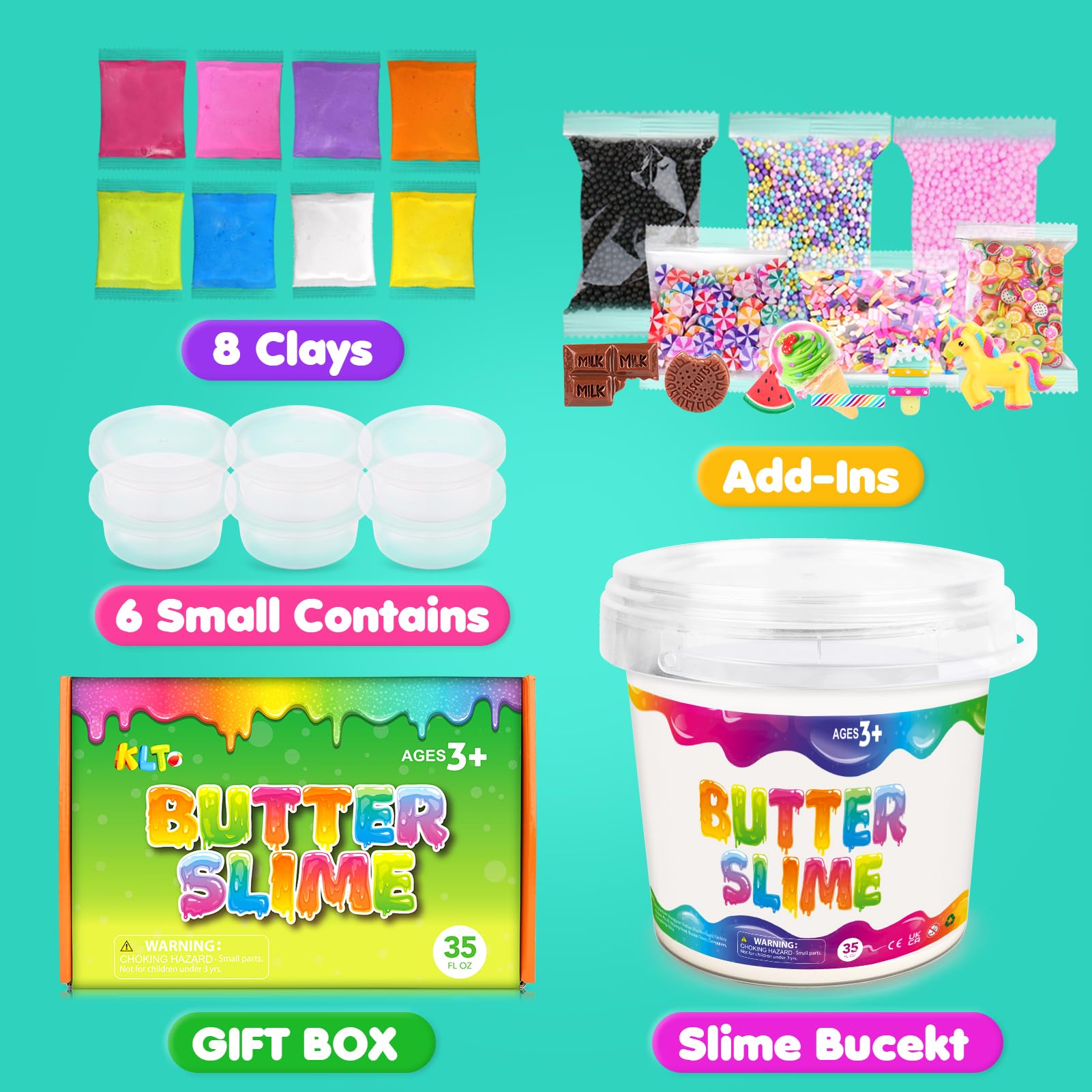 Butter Slime Kit for Girls Big Bucket: 35 FL OZ Non-Sticky and Stretchy Slime - White Premade Butter Slime Making Kits with Add-ins and Small Containers - Fun Birthday Gift for Kids Grils