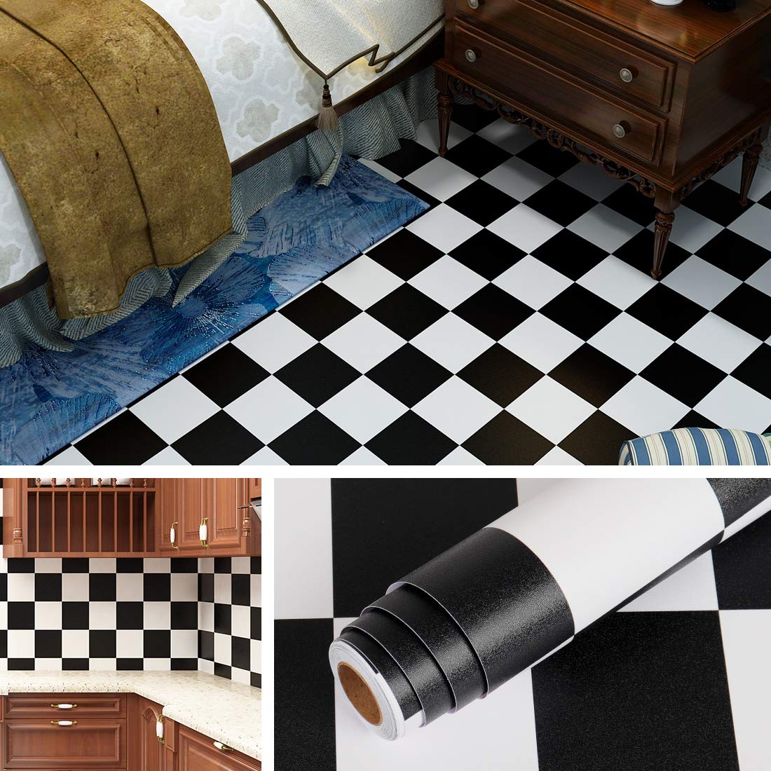 Livelynine 40CM X 10M Black and White Contact Paper for Cabinets Bedroom Floor Wallpaper Vinyl Flooring Roll Peel and Stick Tiles for Bathroom Waterproof Kitchen Flooring Tile Stickers Checkered