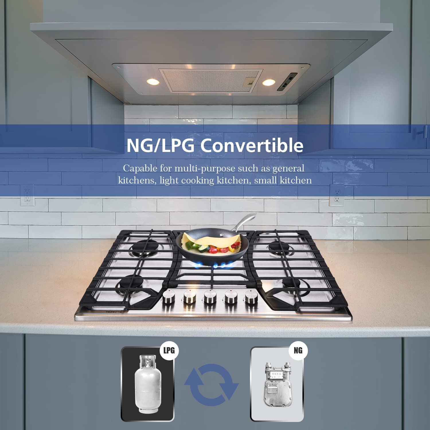 Trifecte 30 Inch Stainless Steel Gas Cooktop, Built-in Gas Stove Top with 5 Italy SABAF Sealed Burners Dual Fuel NG/LPG Convertible Gas Hob with Thermocouple Protection (Gas Regulator Not Included)