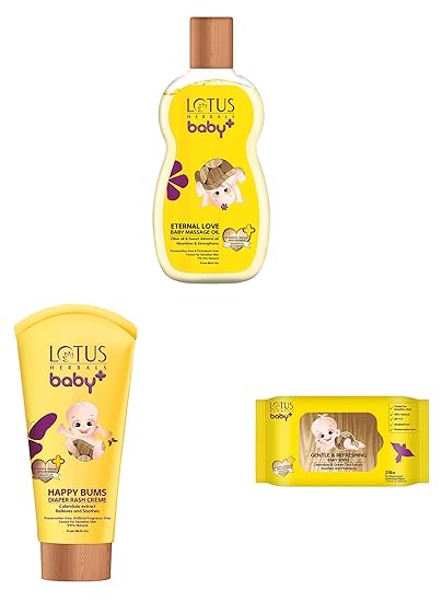 Lotus Herbals Baby+ Eternal Love Baby Massage Oil, 100ml and Happy Bums Diaper Rash Crme, 100g and Refreshing Baby Wipes, Yellow (24 Count)
